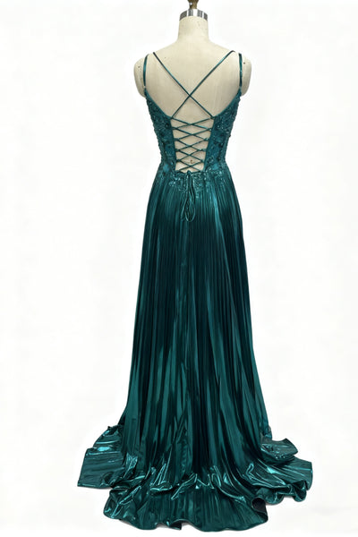 V Neck Dark Green Beaded Long Prom Dresses, Green Beaded Long Formal Evening Dresses