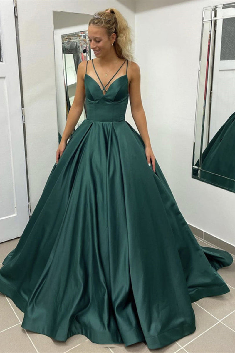 V Neck Dark Green Long Satin Prom Dresses, Dark Green Long Formal Even