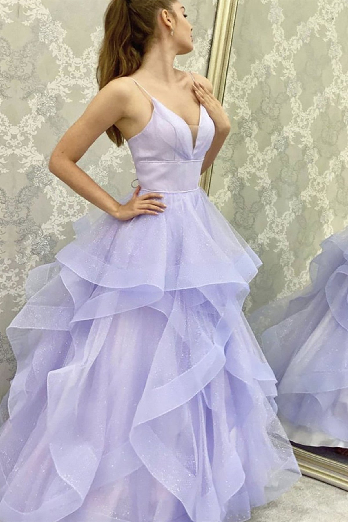 V Neck Purple Beaded Long Prom Dress, Fluffy Purple Formal Evening Dress with Beadings C447