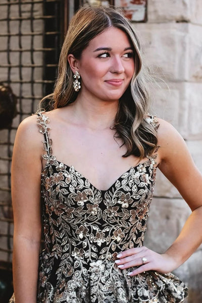 V Neck Golden Black Layered Lace Prom Dresses, Golden Black Lace Layered Formal Dresses