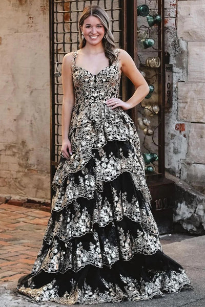 V Neck Golden Black Layered Lace Prom Dresses, Golden Black Lace Layered Formal Dresses