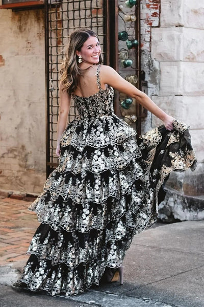 V Neck Golden Black Layered Lace Prom Dresses, Golden Black Lace Layered Formal Dresses