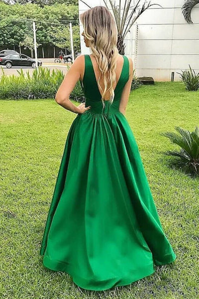 V Neck Green Satin Long Prom Dresses, Green V Neck Formal Evening Dresses