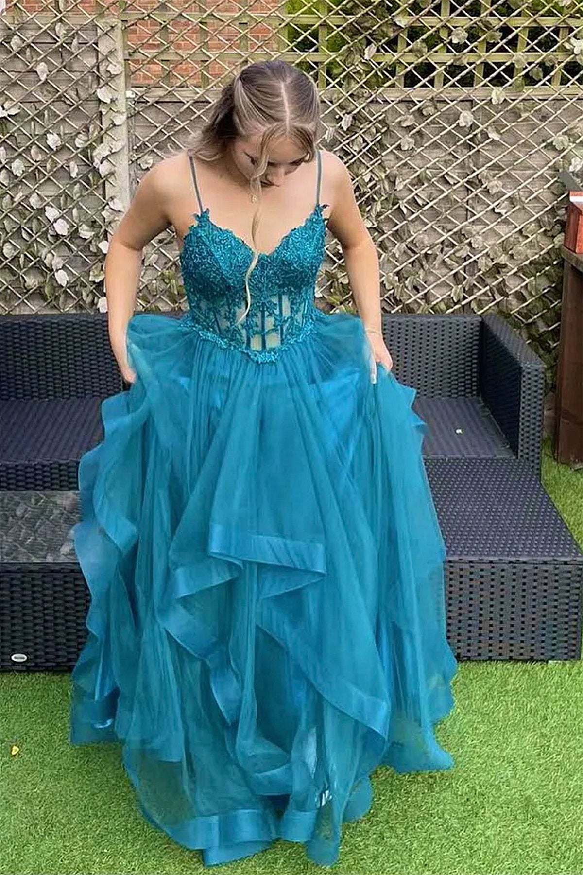V Neck High Low Blue Lace Prom Dresses, Blue V Neck High Low Formal Ev Eip Collection V Neck High Low Blue Lace Prom Dresses, Blue V Neck High Low Formal Ev Eip Collection