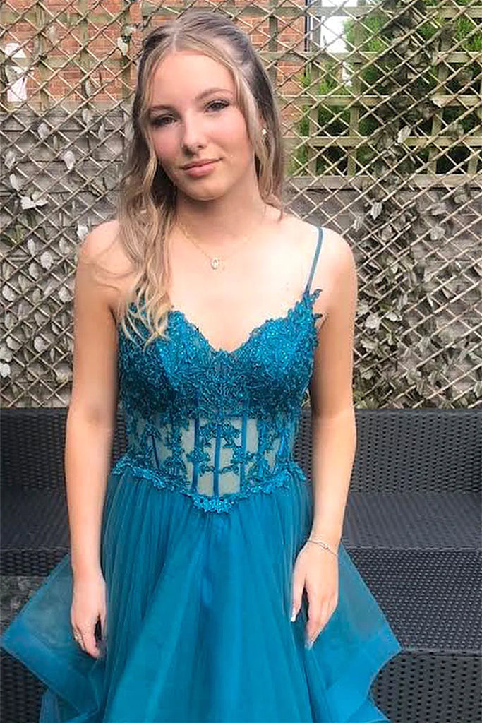 V Neck High Low Blue Lace Prom Dresses, Blue V Neck High Low Formal Ev Eip Collection V Neck High Low Blue Lace Prom Dresses, Blue V Neck High Low Formal Ev Eip Collection