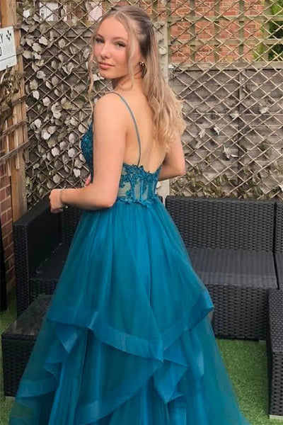 V Neck High Low Blue Lace Prom Dresses, Blue V Neck High Low Formal Evening Dresses