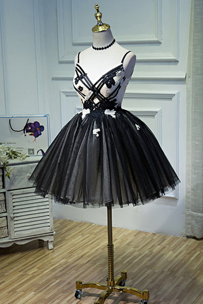 V Neck Lace Short Black Prom Dresses, Short V Neck Black Formal Homecoming Dresses