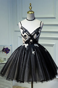 V Neck Lace Short Black Prom Dresses, Short V Neck Black Formal Homecoming Dresses