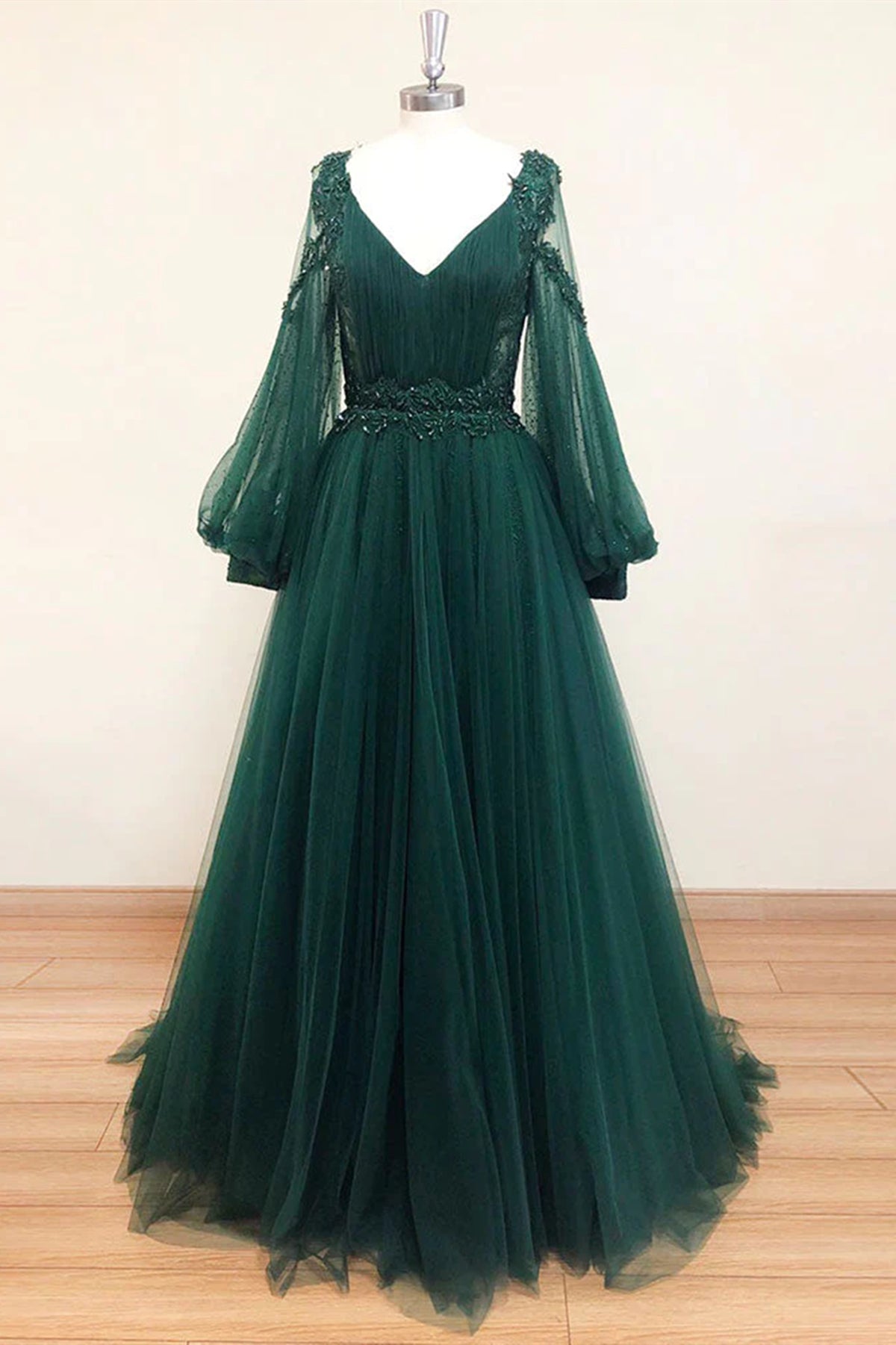 V Neck Long Sleeves Green Lace Prom Dresses, V Neck Green Lace Formal