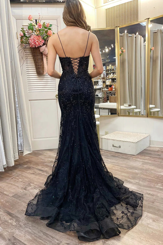 V Neck Mermaid Beaded Black Lace Long Prom Dresses, Mermaid Black Form Eip Collection V Neck Mermaid Beaded Black Lace Long Prom Dresses, Mermaid Black Form Eip Collection