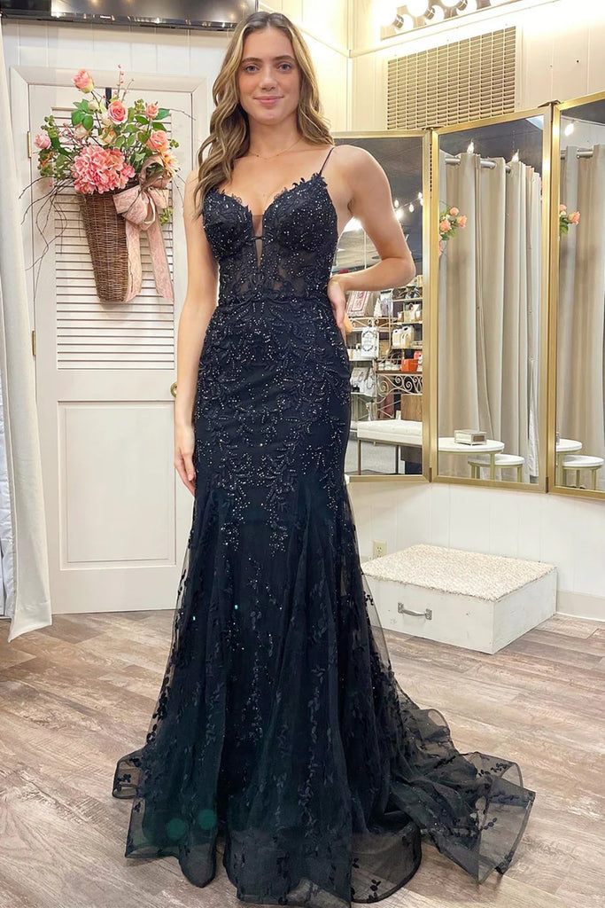 V Neck Mermaid Black Lace Long Prom Dresses, Mermaid Black Formal Dres Eip Collection V Neck Mermaid Black Lace Long Prom Dresses, Mermaid Black Formal Dres Eip Collection