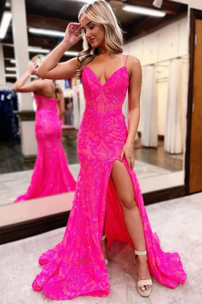 V Neck Mermaid Black Pink Orange Lace Prom Dresses, Mermaid V Neck Long Formal Evening Dresses