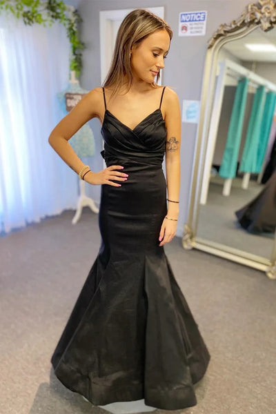 V Neck Open Back Mermaid Black Long Prom Dresses, Mermaid Black Formal Dresses, Black Evening Dresses