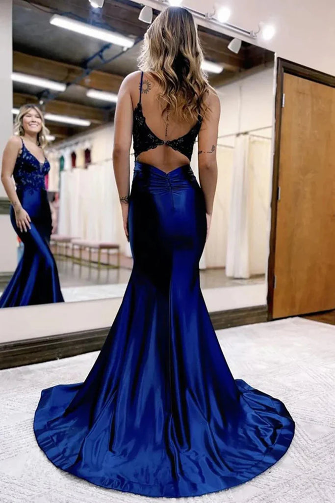 V Neck Open Back Mermaid Navy Blue Lace Long Prom Dresses, Navy Blue L Eip Collection V Neck Open Back Mermaid Navy Blue Lace Long Prom Dresses, Navy Blue L Eip Collection