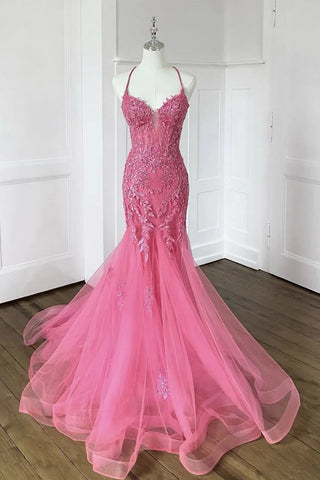 V Neck Pink Yellow Mermaid Lace Prom Dresses, Mermaid Pink Yellow Lace Formal Graduation Dresses