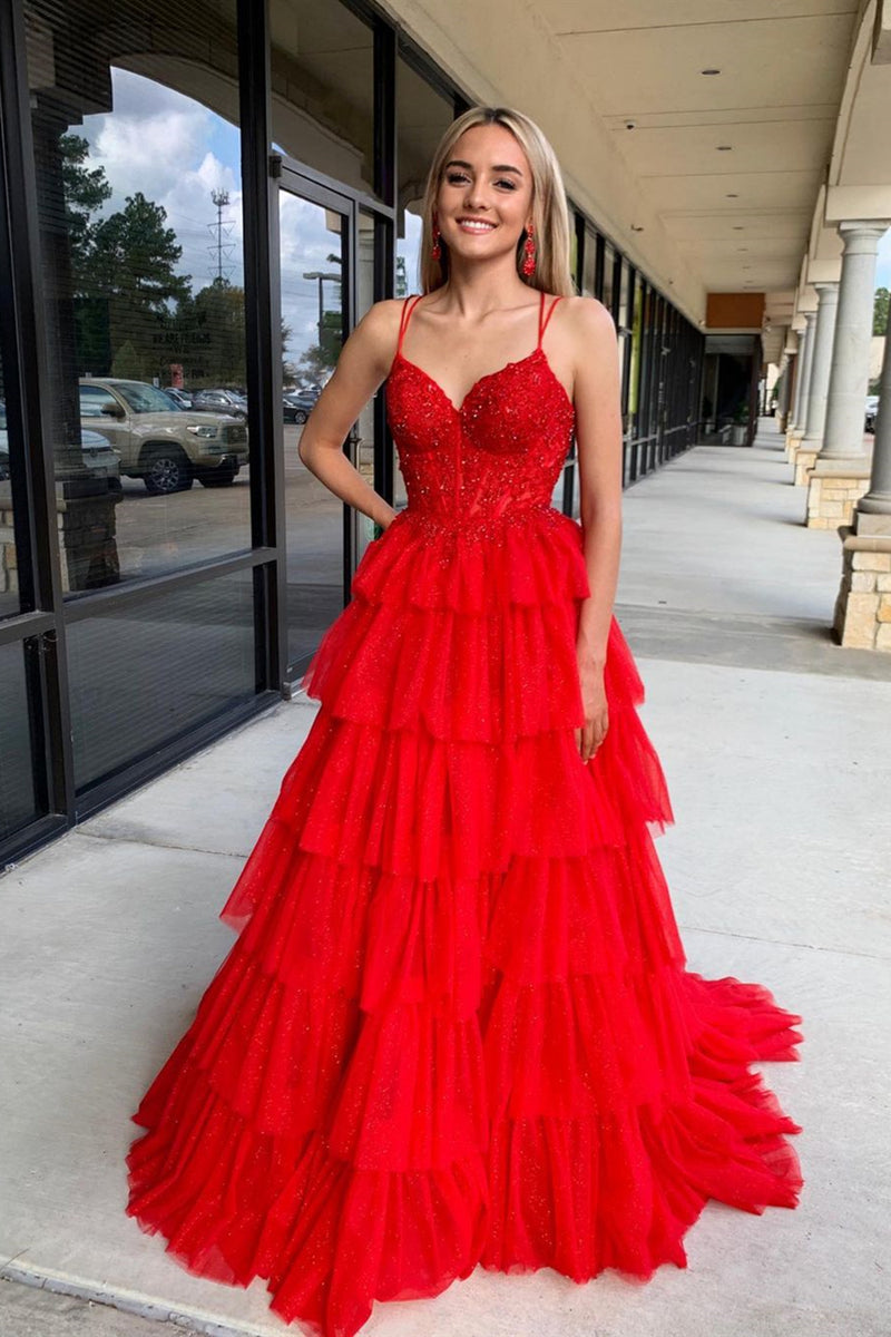V Neck Red Lace Layer Long Prom Dresses, Red Lace Layered Long Formal