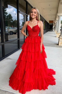 V Neck Red Lace Layer Long Prom Dresses, Red Lace Layered Long Formal Evening Dresses