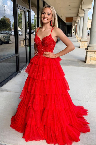 V Neck Red Lace Layer Long Prom Dresses, Red Lace Layered Long Formal Evening Dresses