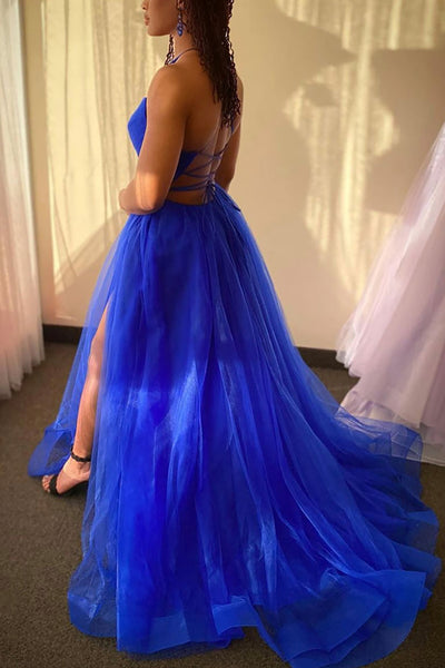 V Neck Royal Blue Backless Prom Dresses, Open Back Royal Blue Long Formal Evening Dresses