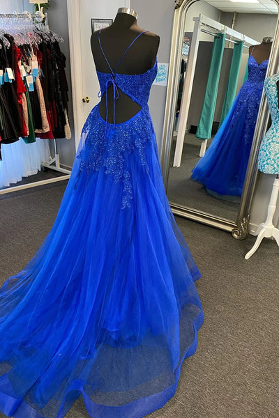 V Neck Royal Blue Lace Prom Dresses,  V Neck Royal Blue Lace Formal Evening Dresses