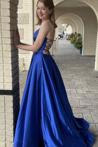V Neck Royal Blue Long Prom Dresses, Backless Royal Blue Long Formal Evening Dresses