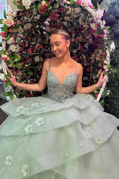V Neck Sage Green Tulle Lace Floral Long Prom Dresses, Sage Green Tulle Lace Formal Graduation Dresses