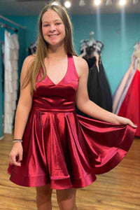 V Neck Short Backless Burgundy Prom Dresses, Wine Red Short Formal Homecoming Dresses