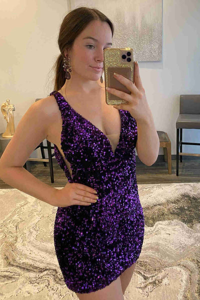 V Neck Short Purple Prom Dresses, Short Purple Sequins Formal Homecoming Dresses