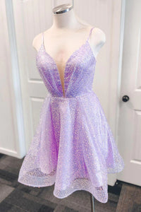 V Neck Short Purple Prom Dresses, Short V Neck Purple Formal Homecoming Dresses