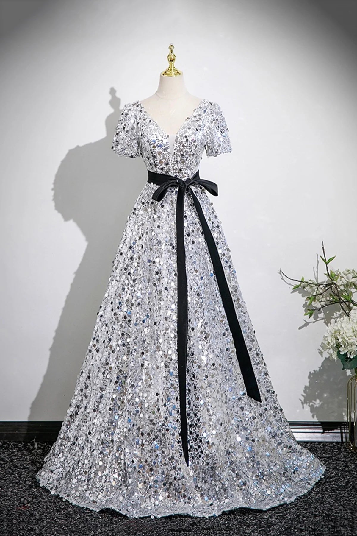 V Neck Short Sleeves Silver Sequins Long Prom Dress, Short Sleeves Silver Long Formal Evening Dresses
