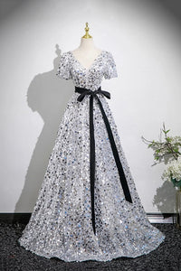 V Neck Short Sleeves Silver Sequins Long Prom Dress, Short Sleeves Silver Long Formal Evening Dresses