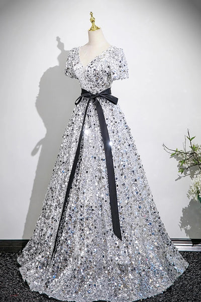 V Neck Short Sleeves Silver Sequins Long Prom Dress, Short Sleeves Silver Long Formal Evening Dresses