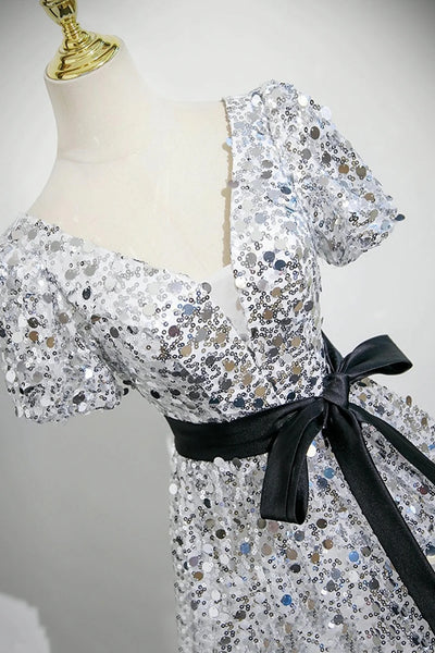 V Neck Short Sleeves Silver Sequins Long Prom Dress, Short Sleeves Silver Long Formal Evening Dresses