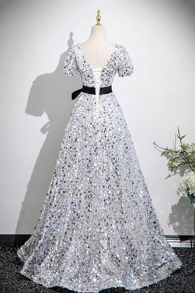 V Neck Short Sleeves Silver Sequins Long Prom Dress, Short Sleeves Silver Long Formal Evening Dresses