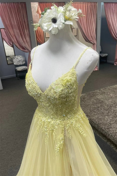 V Neck Yellow Lace Long Prom Dresses, V Neck Yellow Long Lace Formal Evening Dresses
