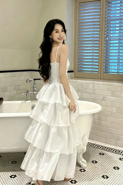 White Satin Bow Tiered Organza Prom Dresses, Spaghetti Strap Sweetheart Ruffle Layered Midi Formal Evening Dress
