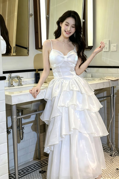 White Satin Bow Tiered Organza Prom Dresses, Spaghetti Strap Sweetheart Ruffle Layered Midi Formal Evening Dress