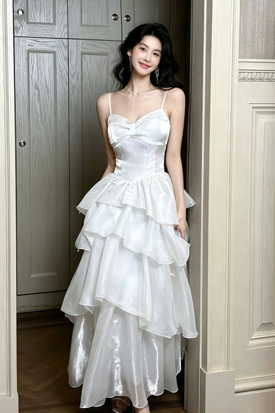White Satin Bow Tiered Organza Prom Dresses, Spaghetti Strap Sweetheart Ruffle Layered Midi Formal Evening Dress
