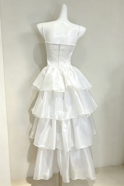 White Satin Bow Tiered Organza Prom Dresses, Spaghetti Strap Sweetheart Ruffle Layered Midi Formal Evening Dress