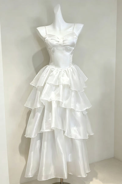 White Satin Bow Tiered Organza Prom Dresses, Spaghetti Strap Sweetheart Ruffle Layered Midi Formal Evening Dress
