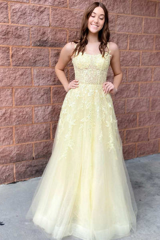 Yellow Tulle Applique Lace-Up Long Prom Dress, Yellow Lace Long Formal Evening Dresses