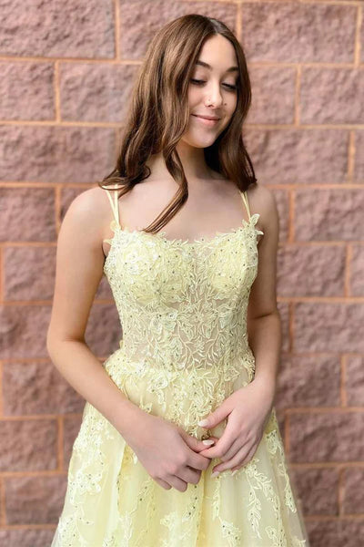 Yellow Tulle Applique Lace-Up Long Prom Dress, Yellow Lace Long Formal Evening Dresses