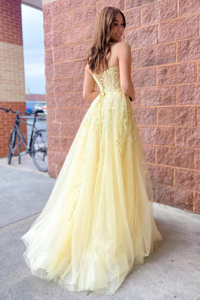 Yellow Tulle Applique Lace-Up Long Prom Dress, Yellow Lace Long Formal Eip Collection Yellow Tulle Applique Lace-Up Long Prom Dress, Yellow Lace Long Formal Eip Collection