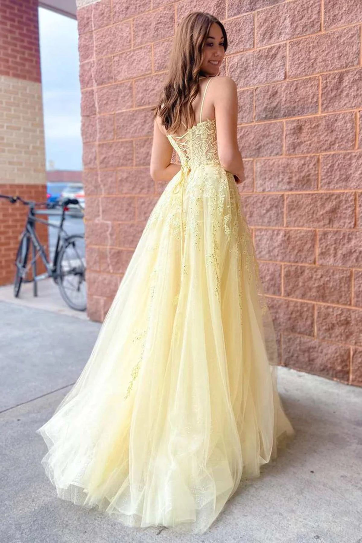 Yellow Tulle Applique Lace-Up Long Prom Dress, Yellow Lace Long Formal –  Eip Collection