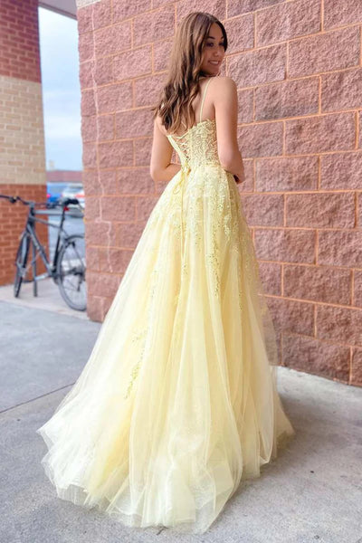 Yellow Tulle Applique Lace-Up Long Prom Dress, Yellow Lace Long Formal Evening Dresses
