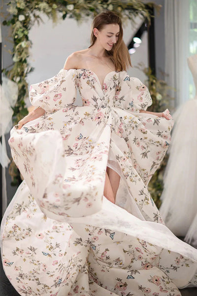 Stylish Long Sleeves Printed Pattern Long Prom Dress with High Slit, Long Formal Evening Dress