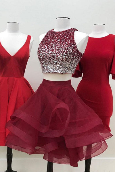2 Pieces Short Burgundy Prom Dresses, Two Pieces Short Wine Red Beaded Graduation Homecoming Dresses