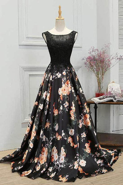 Round Neck Black Floral Lace Long Prom Dresses, Black Lace Floral Long Formal Evening Dresses