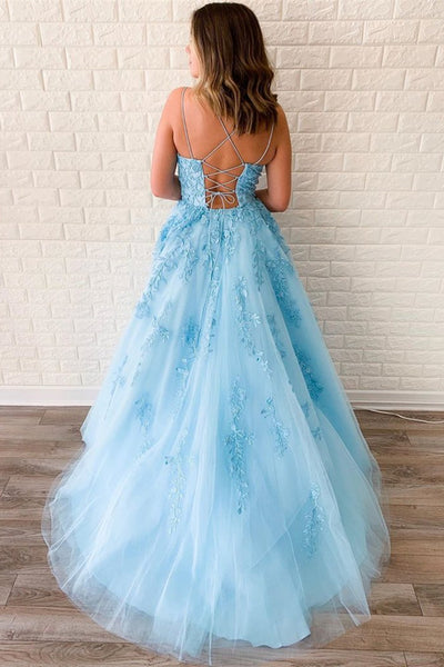 A Line Backless Light Blue Lace Long Prom Dresses, Open Back Light Blue Formal Dresses, Light Blue Lace Evening Dresses EP1569