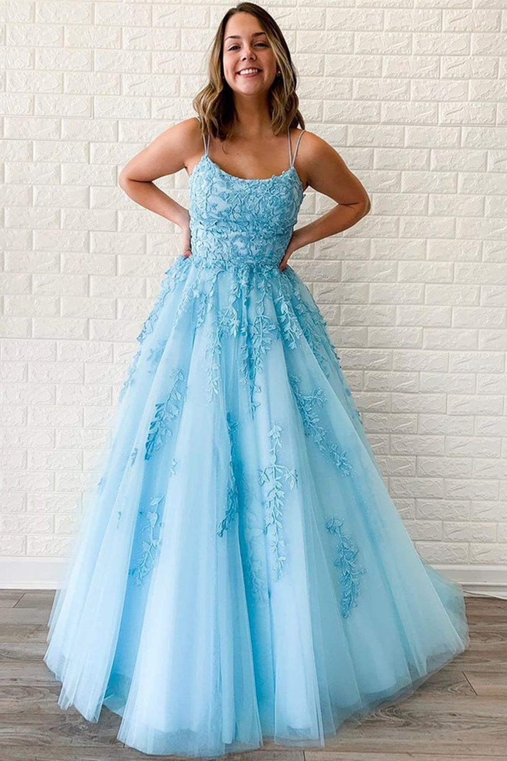 A Line Backless Light Blue Lace Long Prom Dresses, Open Back Light Blue Formal Dresses, Light Blue Lace Evening Dresses EP1569